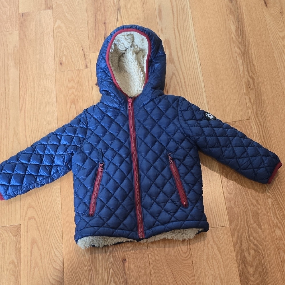 Quilted Blue Hooded Jacket with Red Trim